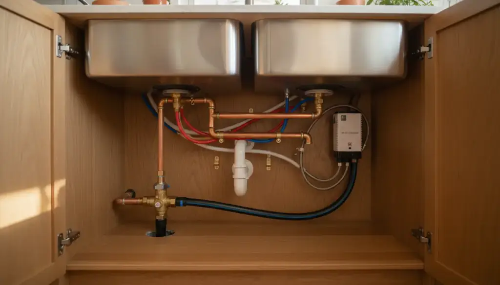 Copper and PEX supply lines plumbed under a double stainless kitchen sink